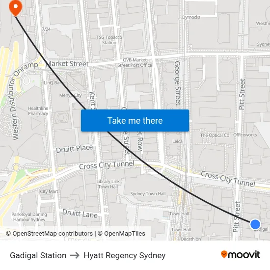 Gadigal Station to Hyatt Regency Sydney map
