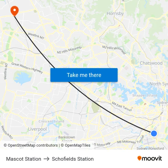 Mascot Station to Schofields Station map