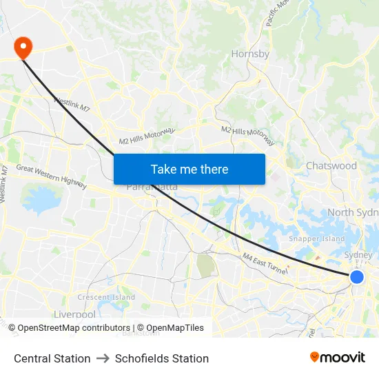 Central Station to Schofields Station map