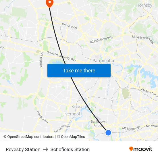 Revesby Station to Schofields Station map