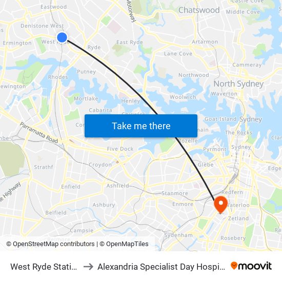 West Ryde Station to Alexandria Specialist Day Hospital map