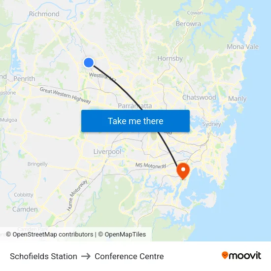 Schofields Station to Conference Centre map