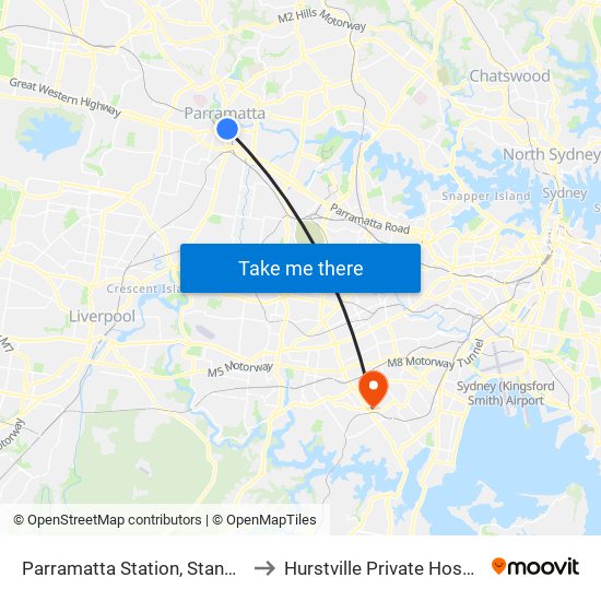 Parramatta Station, Stand A2 to Hurstville Private Hospital map