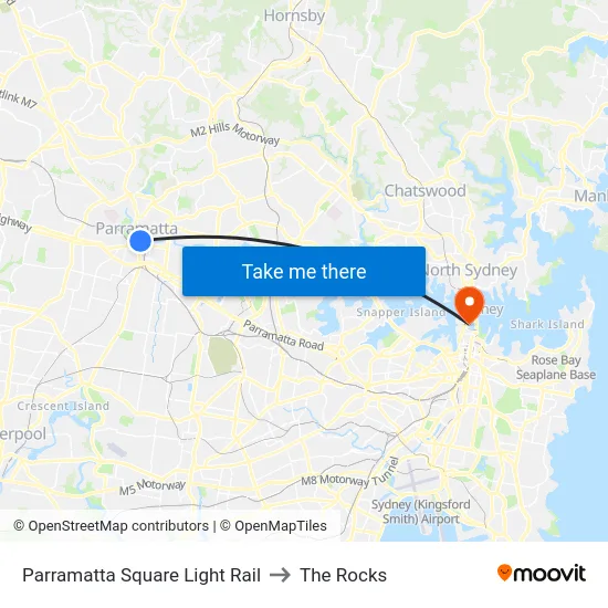 Parramatta Square Light Rail to The Rocks map