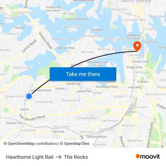 Hawthorne Light Rail to The Rocks map