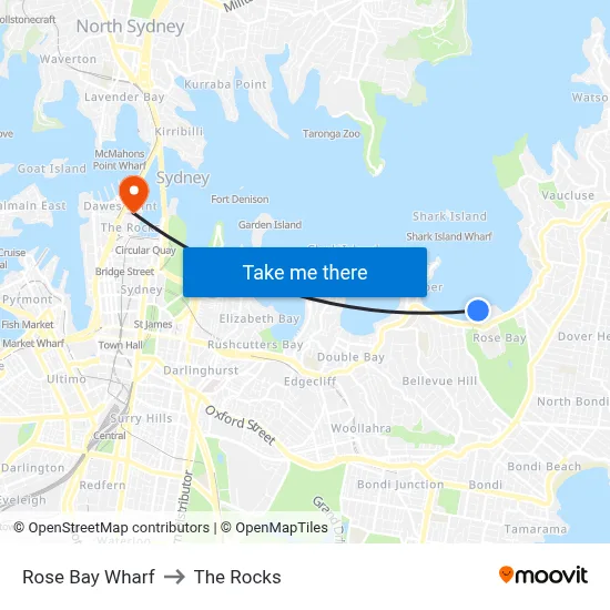 Rose Bay Wharf to The Rocks map