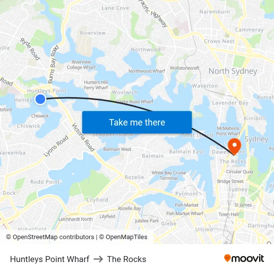 Huntleys Point Wharf to The Rocks map