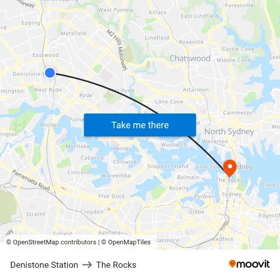 Denistone Station to The Rocks map