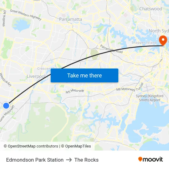 Edmondson Park Station to The Rocks map