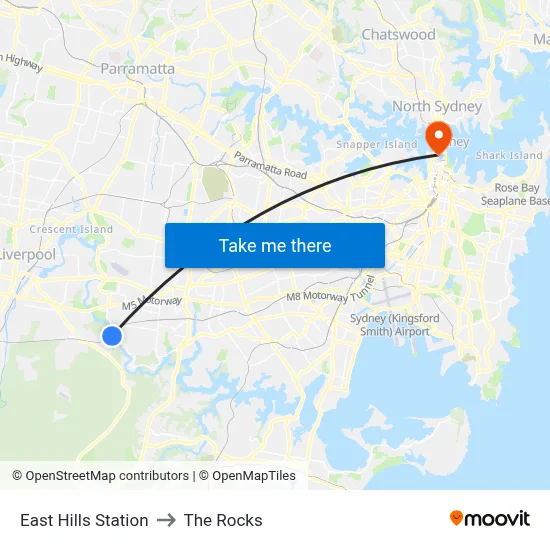 East Hills Station to The Rocks map
