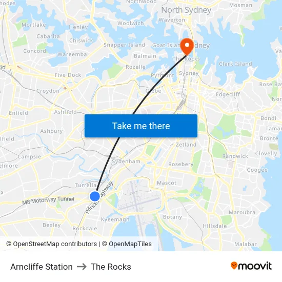 Arncliffe Station to The Rocks map