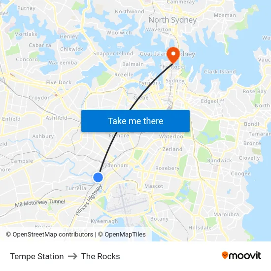 Tempe Station to The Rocks map