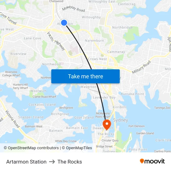Artarmon Station to The Rocks map