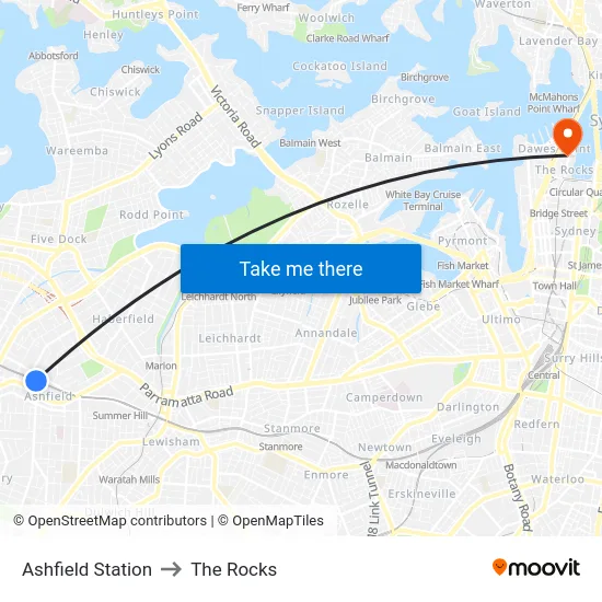 Ashfield Station to The Rocks map