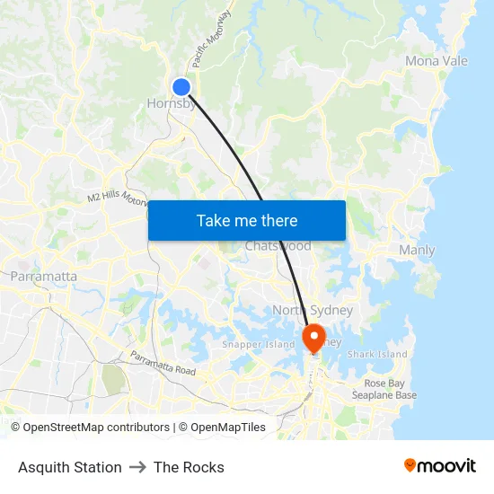 Asquith Station to The Rocks map