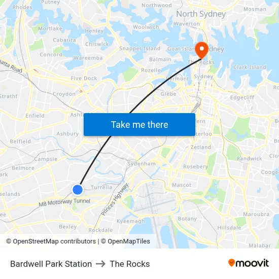 Bardwell Park Station to The Rocks map