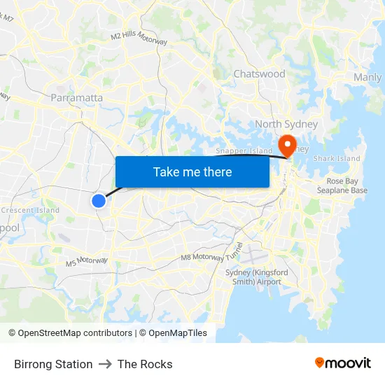 Birrong Station to The Rocks map