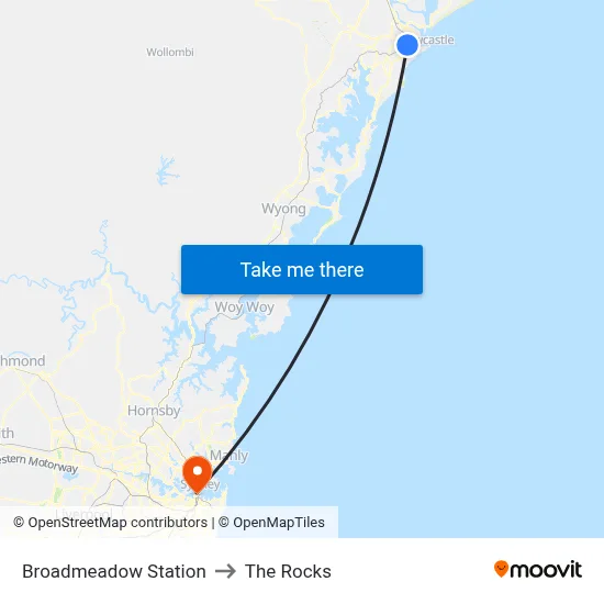 Broadmeadow Station to The Rocks map