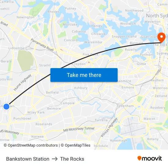 Bankstown Station to The Rocks map