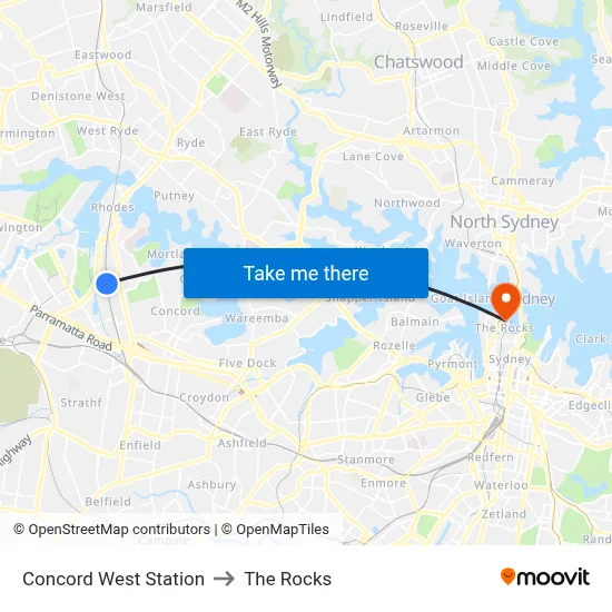 Concord West Station to The Rocks map