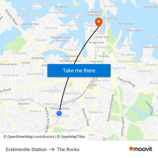Erskineville Station to The Rocks map