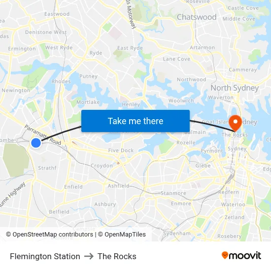 Flemington Station to The Rocks map