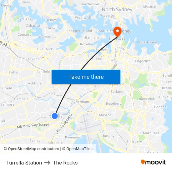 Turrella Station to The Rocks map