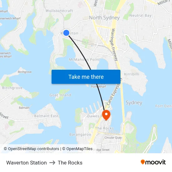 Waverton Station to The Rocks map