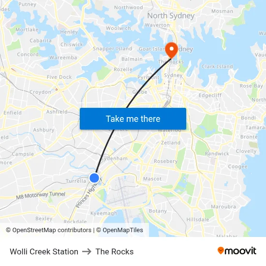 Wolli Creek Station to The Rocks map
