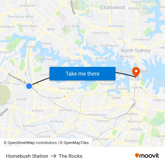 Homebush Station to The Rocks map