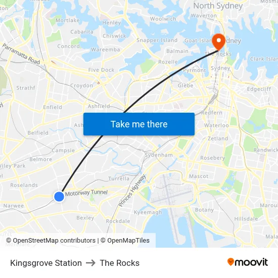 Kingsgrove Station to The Rocks map