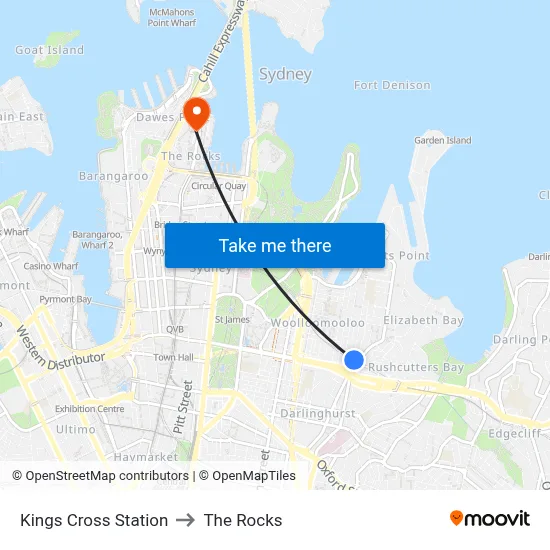Kings Cross Station to The Rocks map