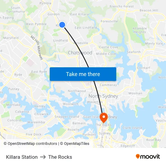 Killara Station to The Rocks map
