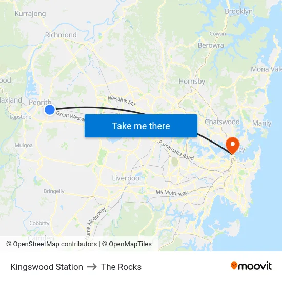 Kingswood Station to The Rocks map
