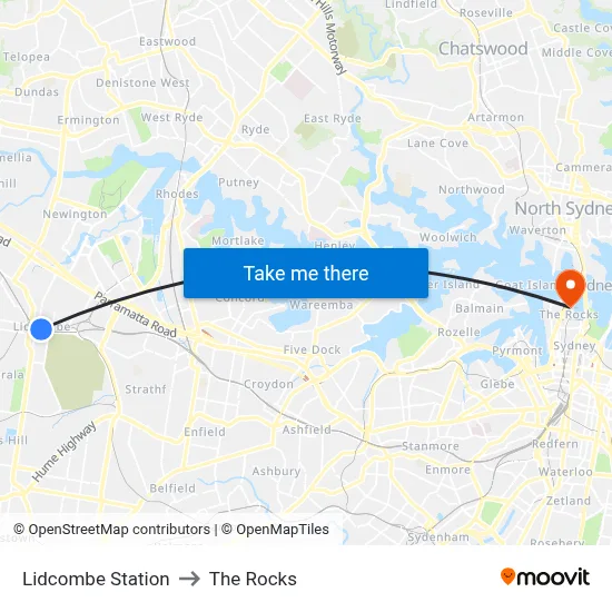 Lidcombe Station to The Rocks map
