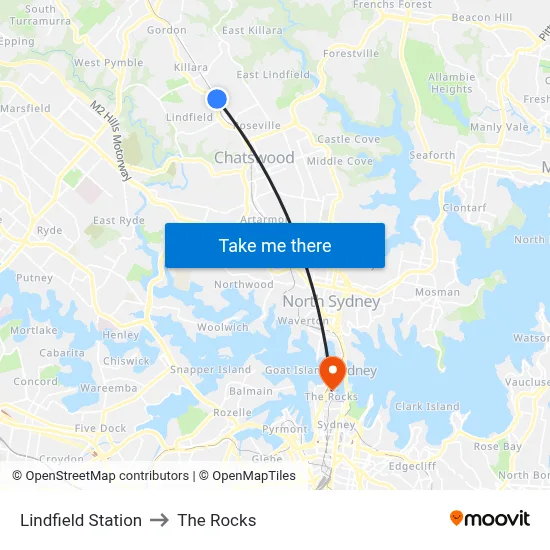 Lindfield Station to The Rocks map
