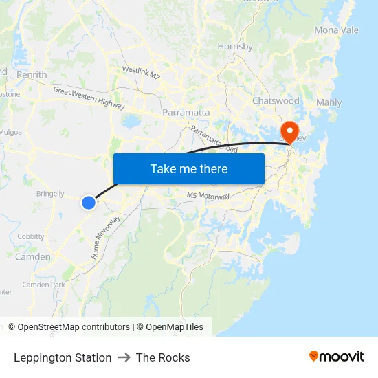 Leppington Station to The Rocks map