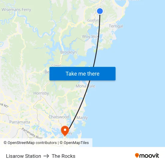 Lisarow Station to The Rocks map