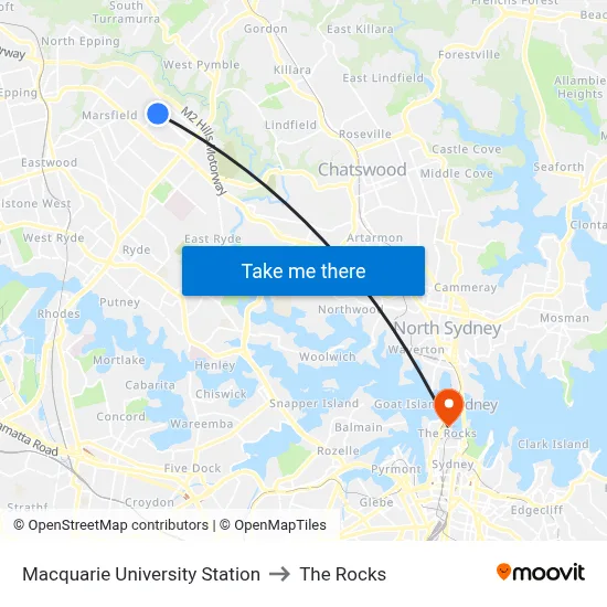 Macquarie University Station to The Rocks map