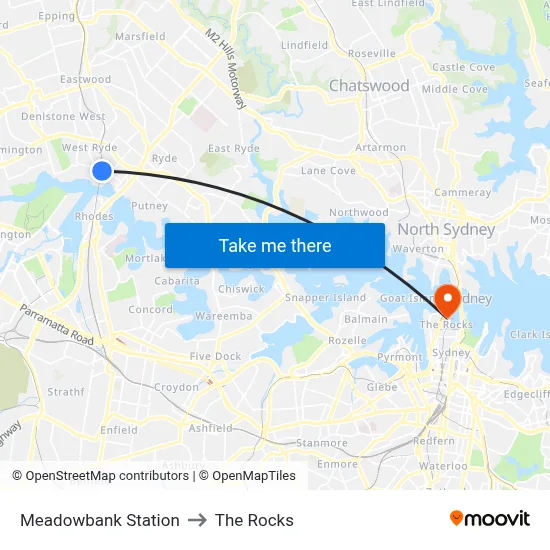 Meadowbank Station to The Rocks map