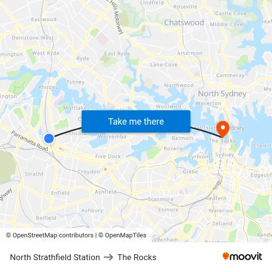 North Strathfield Station to The Rocks map