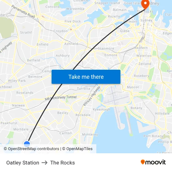 Oatley Station to The Rocks map