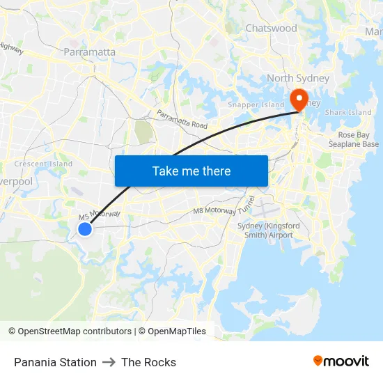 Panania Station to The Rocks map
