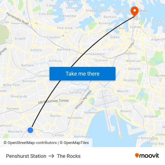Penshurst Station to The Rocks map