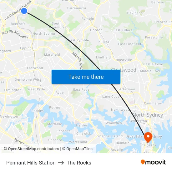 Pennant Hills Station to The Rocks map