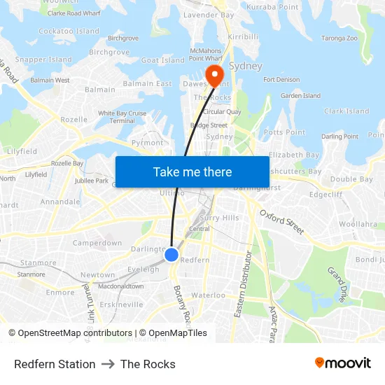 Redfern Station to The Rocks map