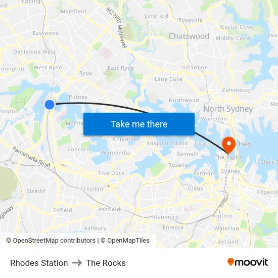 Rhodes Station to The Rocks map
