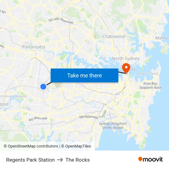Regents Park Station to The Rocks map