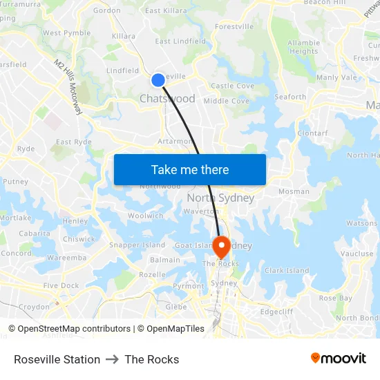 Roseville Station to The Rocks map