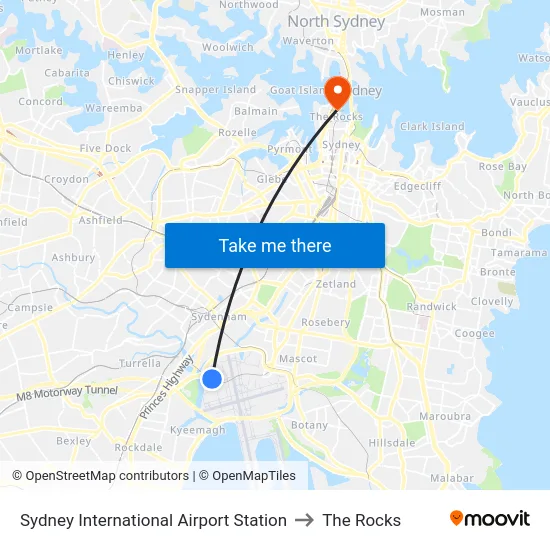 Sydney International Airport Station to The Rocks map